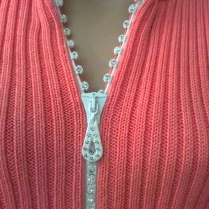 VINTAGE BEAUTIFUL PEACHY VON SAKEN LG ZIP UP SWEATER 100% COTTON RHINESTONES